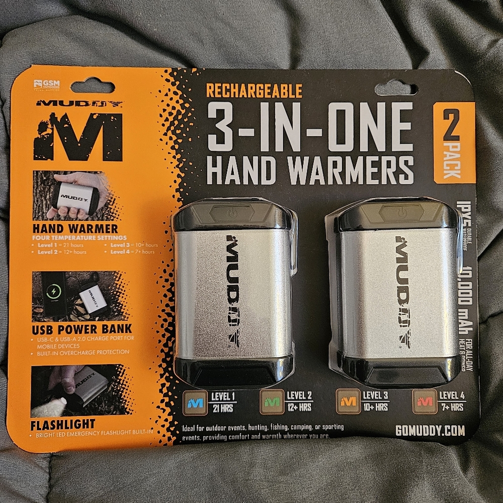 MUDDY Rechargeable 3-in-1 Hand Warmers USB Power Bank Flashlight - 2 PACK